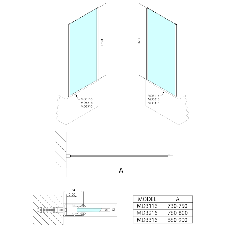 DEEP boční stěna 800x1650mm, čiré sklo MD3216