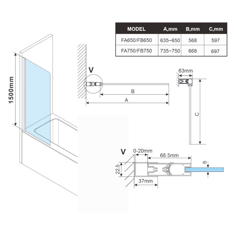 ROTA BLACK vanová zástěna otočná 650mm, čiré sklo FB650