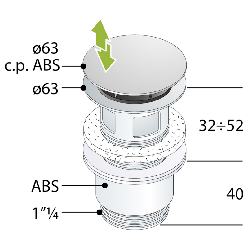 Umyvadlová výpust 5/4“, click-clack, velká zátka, 32-52mm, ABS/chrom 151.309.1