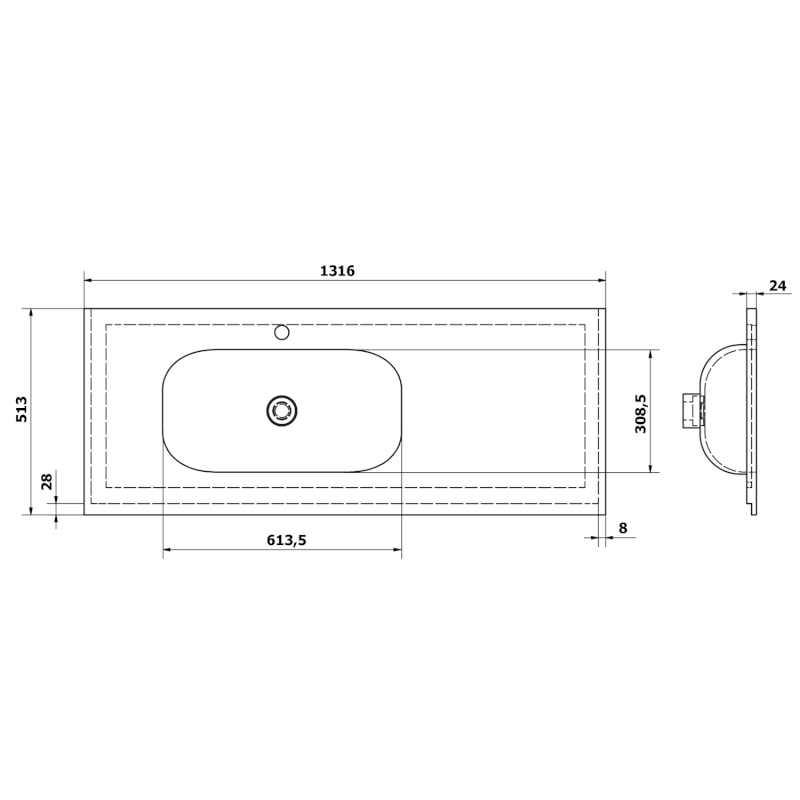 TREOS umyvadlo 131,6x51,3 cm, rockstone, levé, bílá mat TS132-0101-L