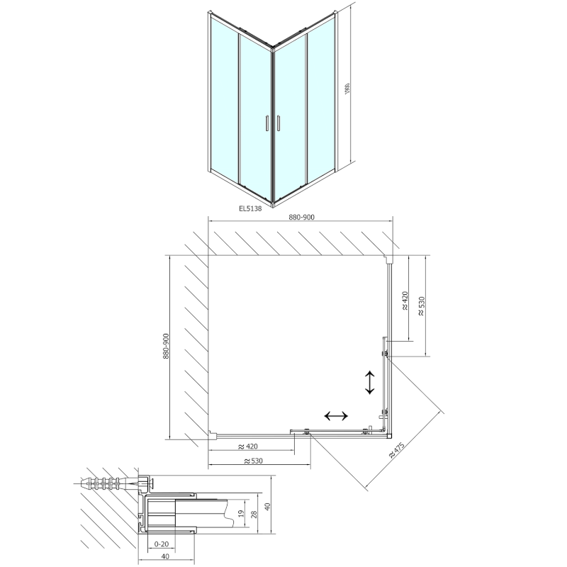 EASY čtvercová sprchová zástěna 900x900mm, sklo BRICK EL5138