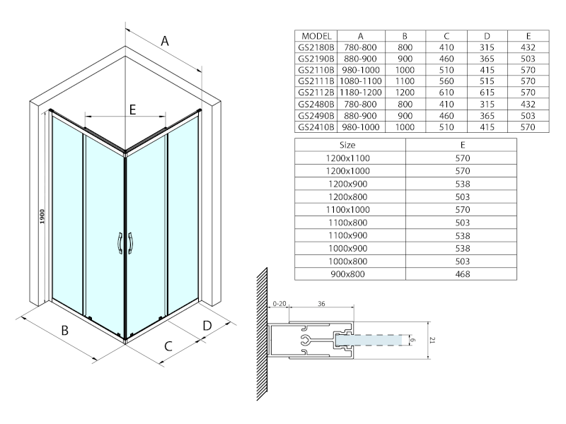 SIGMA SIMPLY BLACK sprchové dveře posuvné pro rohový vstup 900 mm, čiré sklo GS2190B