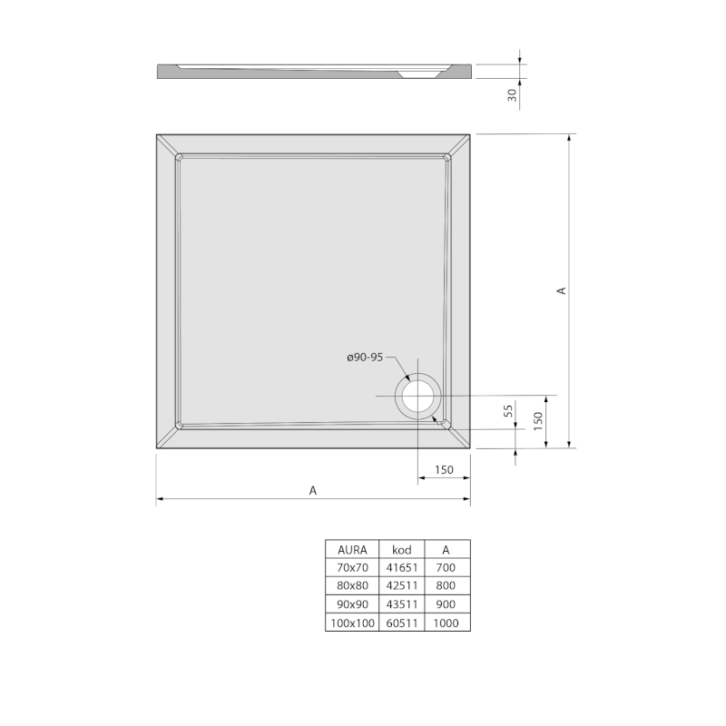 AURA sprchová vanička z litého mramoru, čtverec 100x100cm, bílá 60511