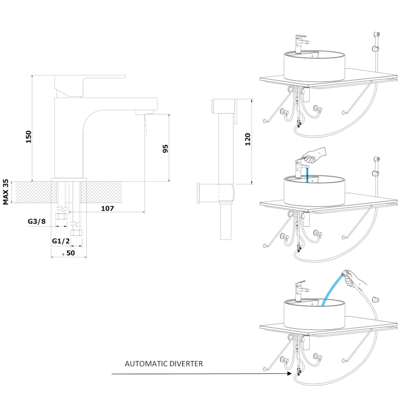 SIEGER stojánková umyvadlová baterie s bidetovou sprchou, chrom 914.013.1