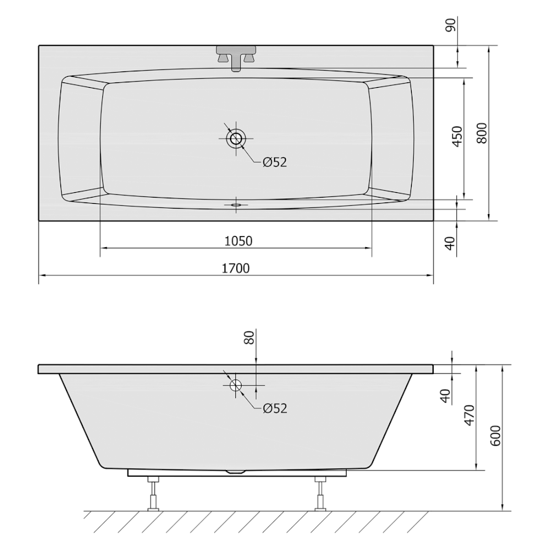 KVADRA obdélníková vana s konstrukcí 170x80x47cm, bílá 18711