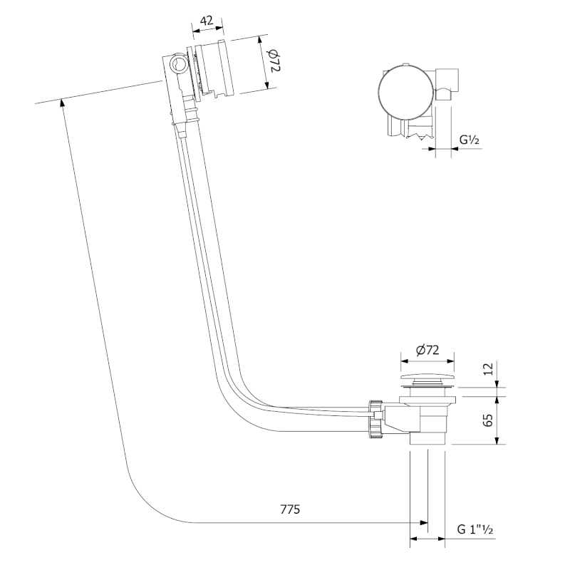 Vanová souprava s napouštěním, bovden, délka 775mm, zátka 72mm, bílá 71685W