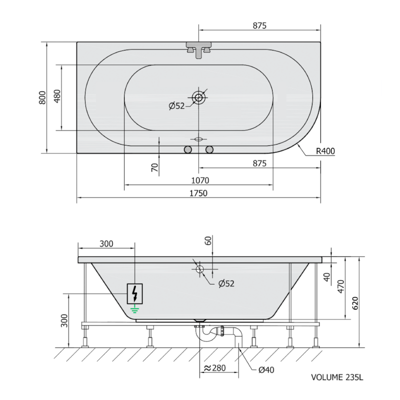 VIVA L hydromasážní vana, 175x80x47cm, Attraction Hydro, chrom 70119.3010