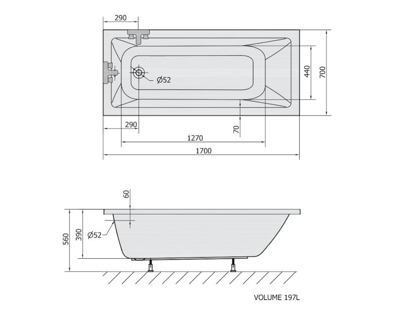 NOEMI obdélníková vana 170x70x39cm, bílá 71708