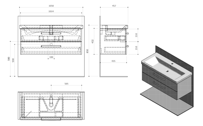 THEIA umyvadlová skříňka 101,4x43,5x44,2cm, 2xzásuvka, dub stříbrný TH105-1111