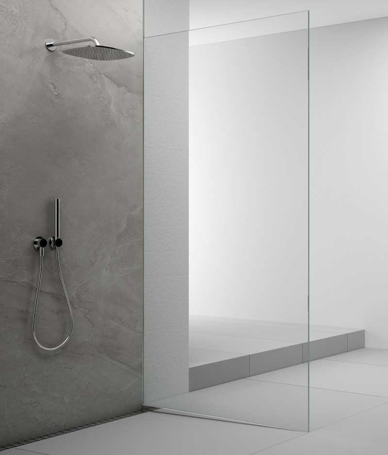 ARCHITEX sada pro uchycení skla podlaha-stěna se spádovou lištou, 1615x2105mm, pravá, leštěný hliník AX2116R