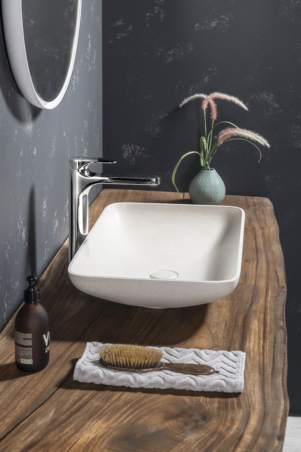 INFRANE betonové umyvadlo na desku, včetně výpusti, 57x37cm, bílý pískovec AR460