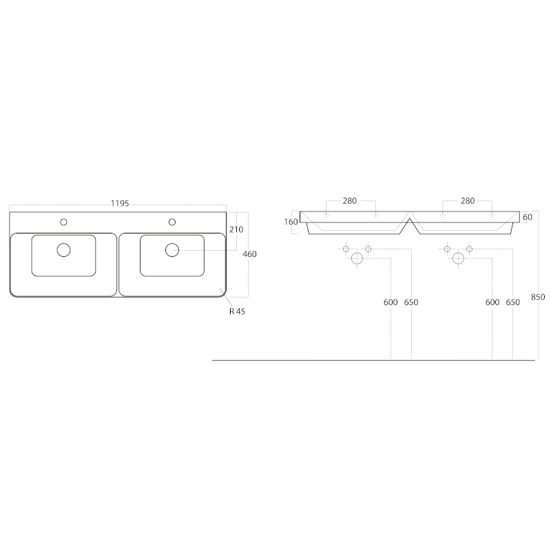 THALIE 120 keramické dvojumyvadlo nábytkové 120x46cm, bílá TH11120