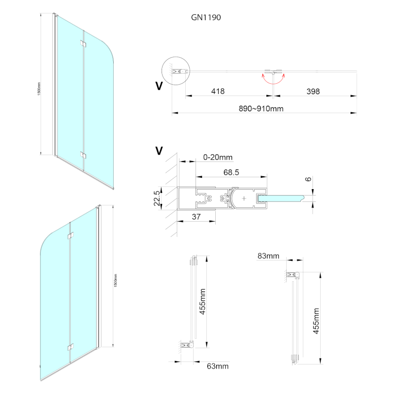 LORO vanová zástěna skládací 900mm, čiré sklo GN1190