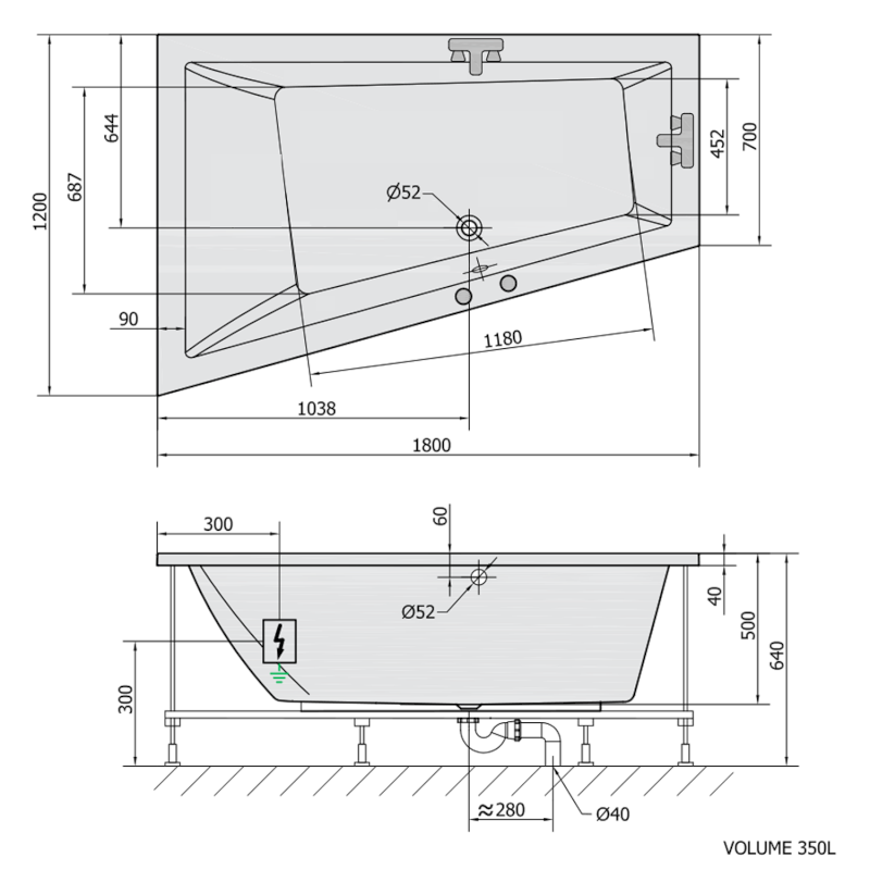 TRIANGL L hydromasážní vana, 180x120x50cm, Highline Hydro-Air, chrom 19611.6010