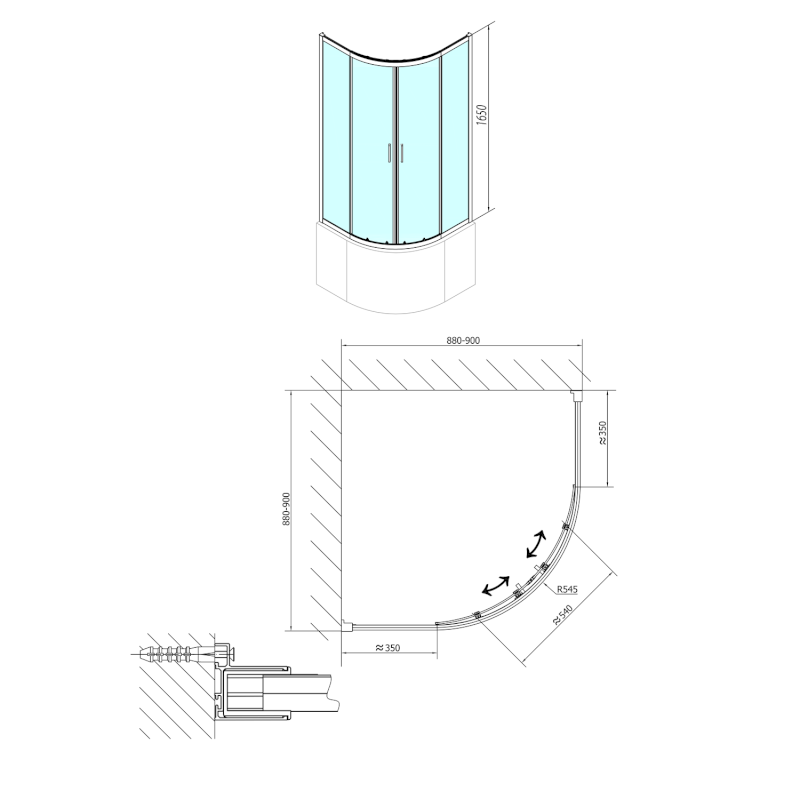 SELMA čtvrtkruhová sprchová zástěna 900x900x1650mm, čiré sklo MD2516