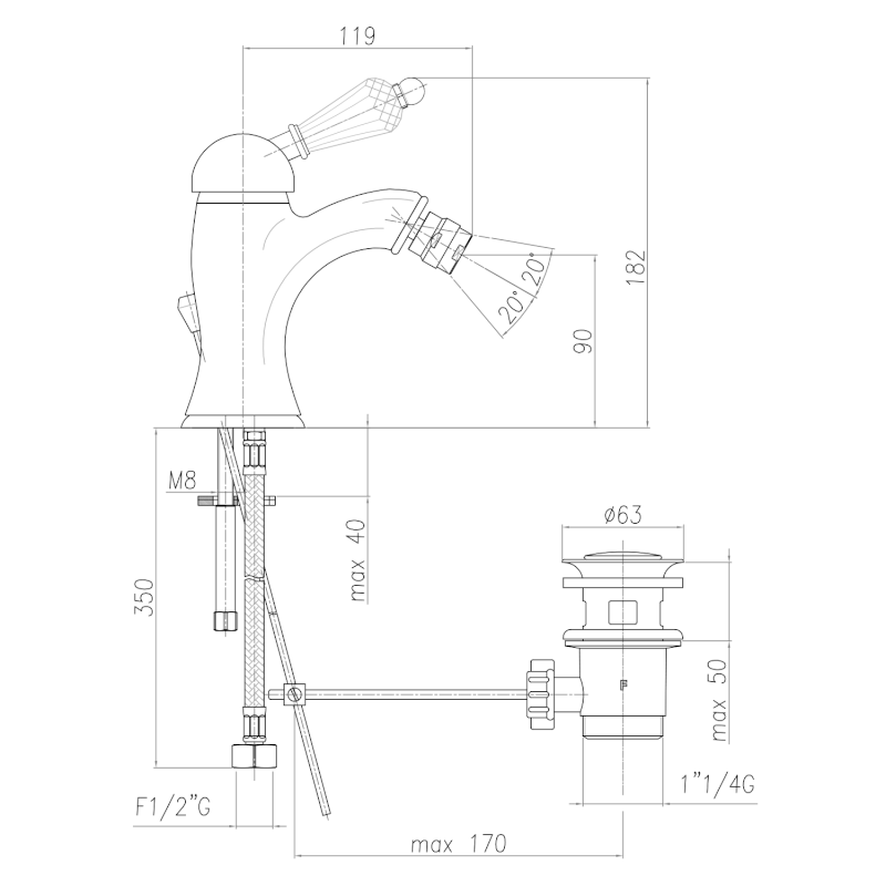 KIRKÉ CRYSTAL stojánková bidetová baterie s výpustí, páčka krystal, zlato KI03KZ