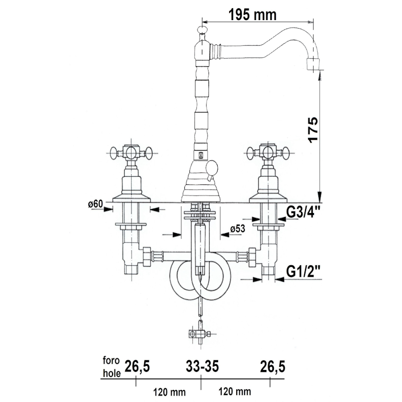ANTEA tříprvková umyvadlová baterie s retro hubicí, s výpustí, chrom/zlato 3222