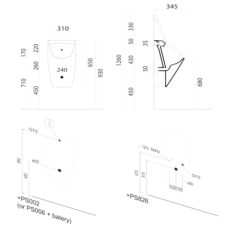 COMMUNITY urinál se zakrytým přívodem vody s otvory pro víko 31x65cm, černá mat 909826