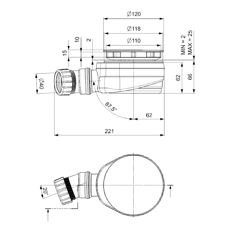 Vaničkový sifon, průměr 90mm, DN40, nízký, krytka zlato 17916G