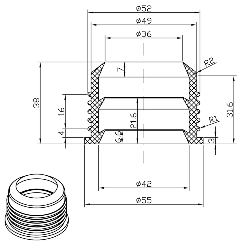 Přechodka 40mm - 50mm, guma 151.173.0