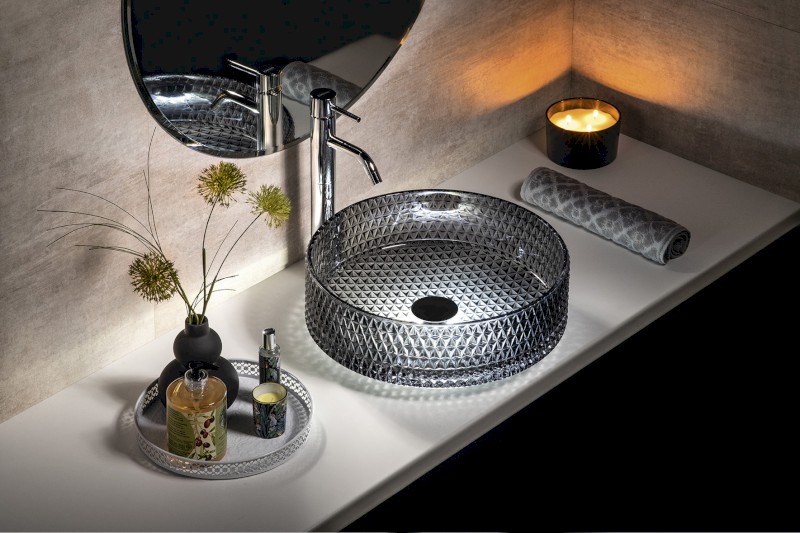 MARAGUA skleněné gravírované umyvadlo na desku Ø 39,5cm, černá TY214