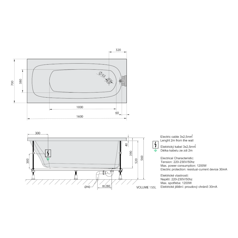 LAURA hydromasážní vana, 160x70x39cm, Active Hydro, chrom 24611.1010