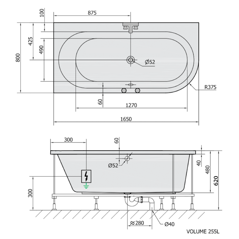 ASTRA L hydromasážní vana, 165x80x48cm, Highline Hydro, chrom 33611.5010