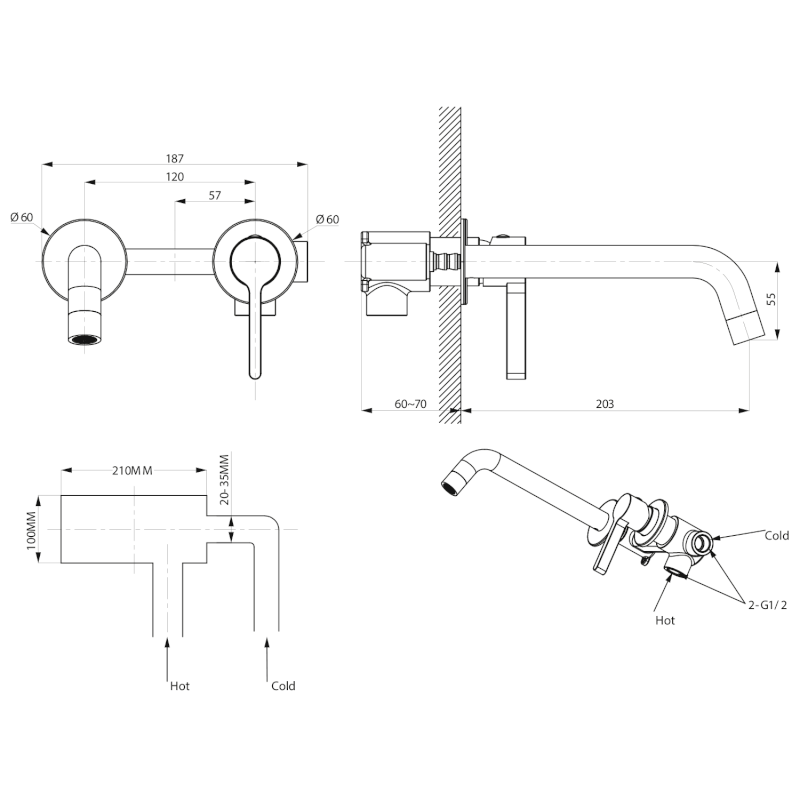 ICONIC podomítková dvouprvková umyvadlová baterie, černá mat AF008B