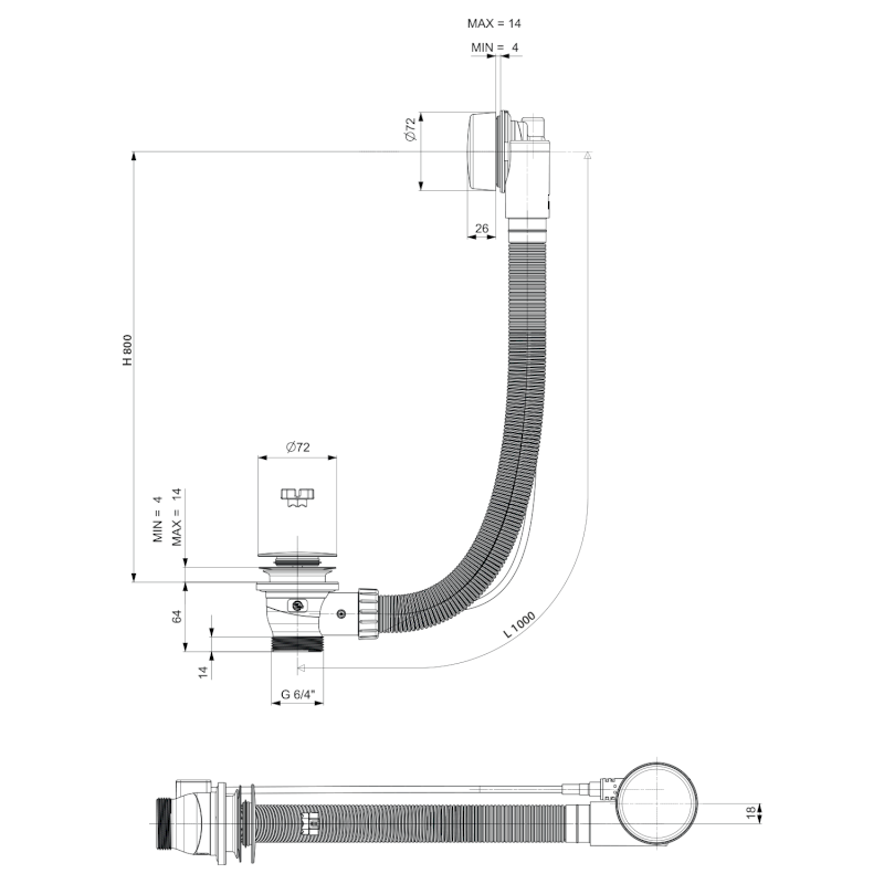 Vanová souprava, bovden, délka 1000mm, zátka 72mm, měď mat 71854.70