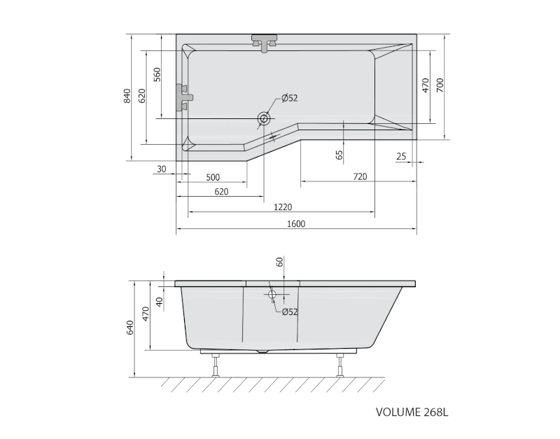 VERSYS L asymetrická vana 160x84x70x47cm, bílá 14611