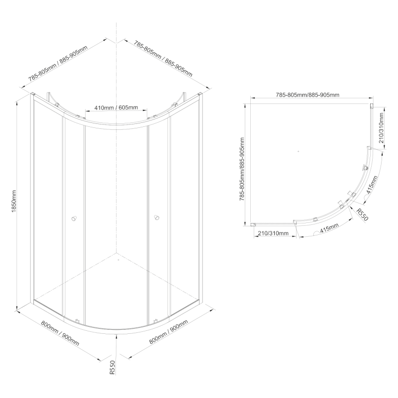 ARLETA BLACK čtvrtkruhová sprchová zástěna 800x800mm, čiré sklo BLS800