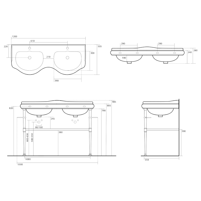 RETRO konstrukce pro dvojumyvadlo 120cm s poličkou, chrom 730190