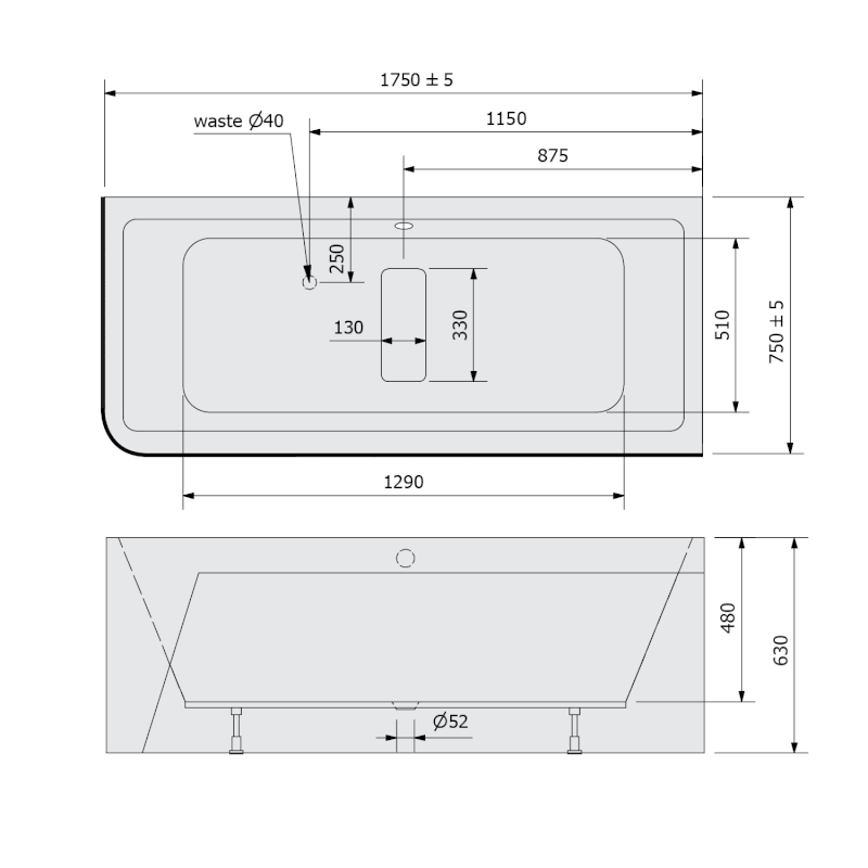 MARLENE CURVE R MONOLITH obdélníková vana 175x75x63cm, bílá/černá 72034MCRB