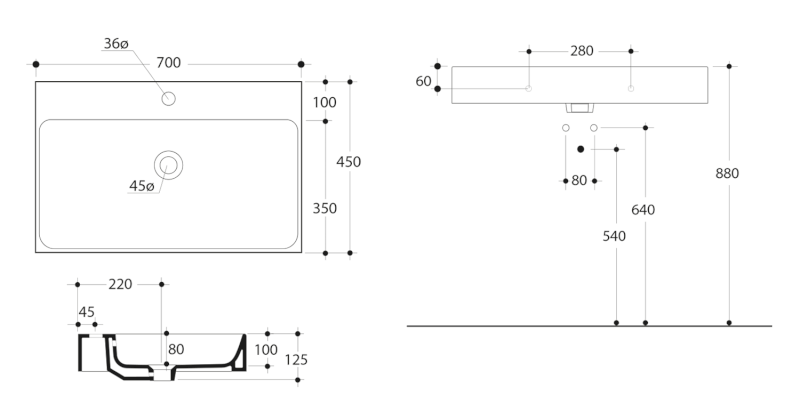 CENTO keramické umyvadlo 70x45cm, bílá 353201