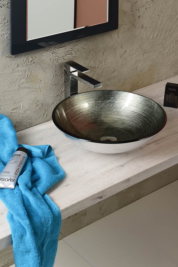 DAMAR skleněné umyvadlo na desku Ø 42m, tmavě šedá/stříbrná 2501-20