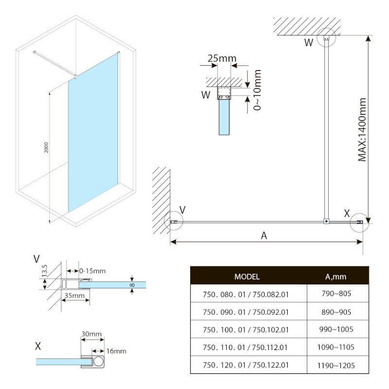 SPITZA sprchová zástěna WALK-IN, 1100mm, čiré sklo 750.110.1