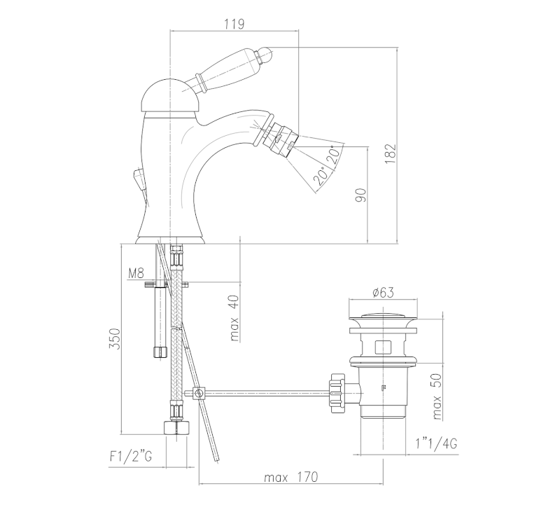 KIRKÉ BLACK stojánková bidetová baterie s výpustí, černá páčka, chrom KI03NC
