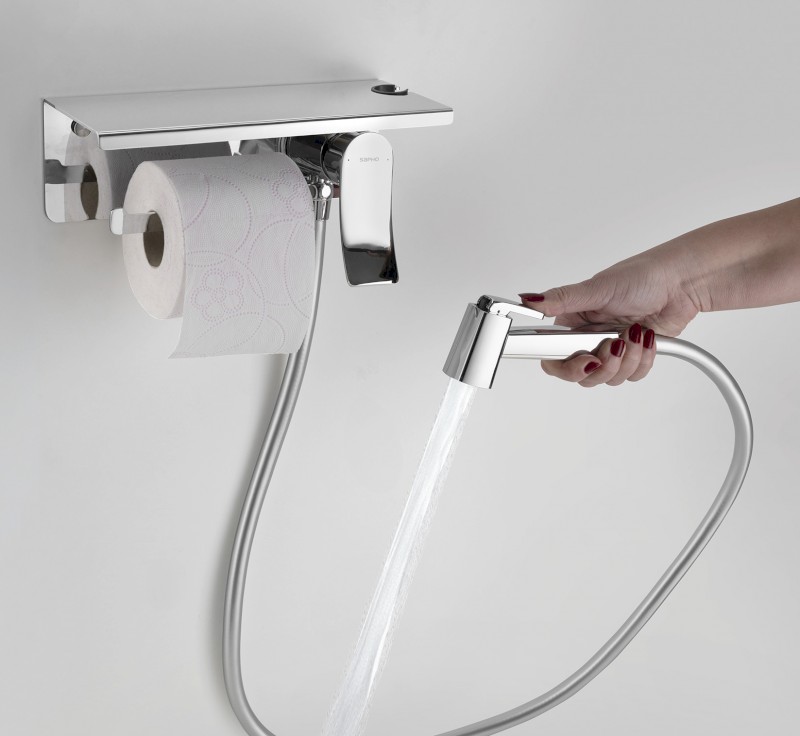 Podomítková bidetová baterie se Stop sprškou a držákem toaletního papíru, chrom TJ040