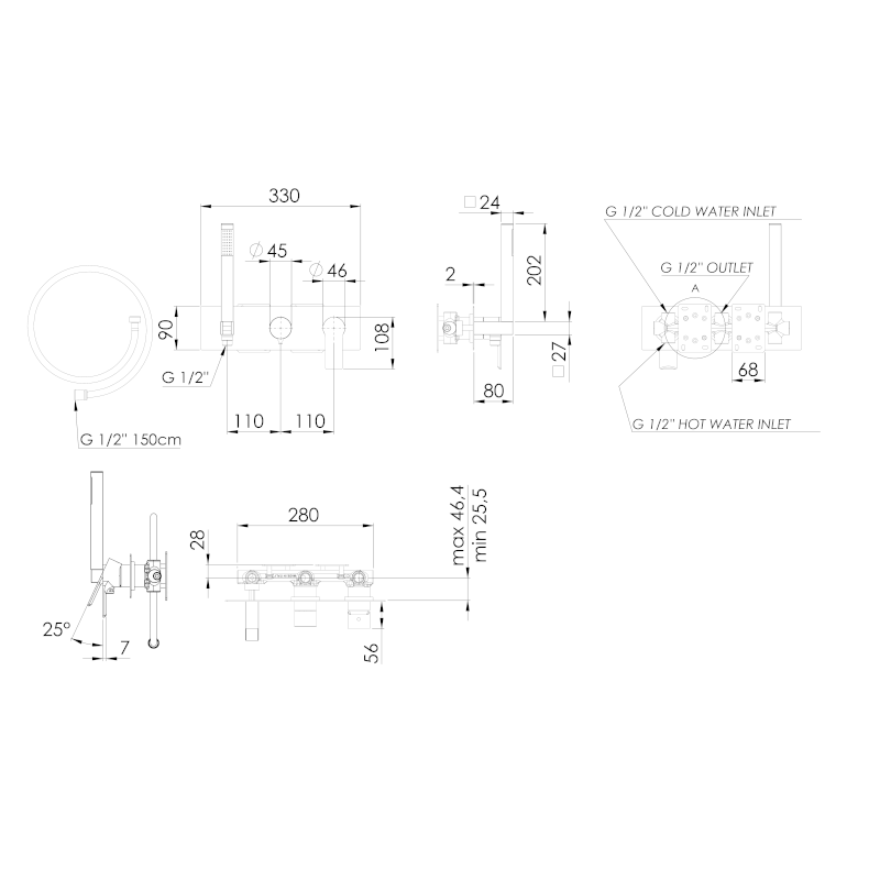 PAX podomítková sprchová/vanová baterie s ruční sprchou, 2 výstupy, chrom XA52
