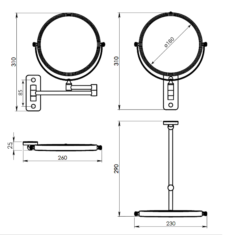 GAIA kosmetické zrcátko závěsné, Ø 180mm, oboustranné, měď mat CO202482