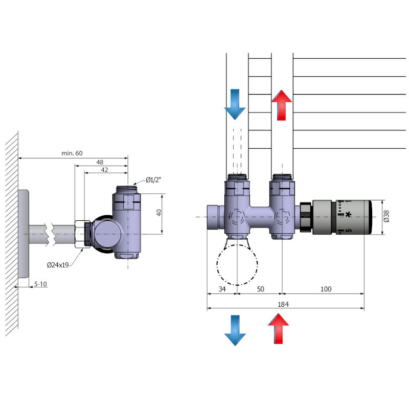TWIN COMBI připojovací sada ventilů termostatická pro středové připojení, pravá, nerez mat CP5510S