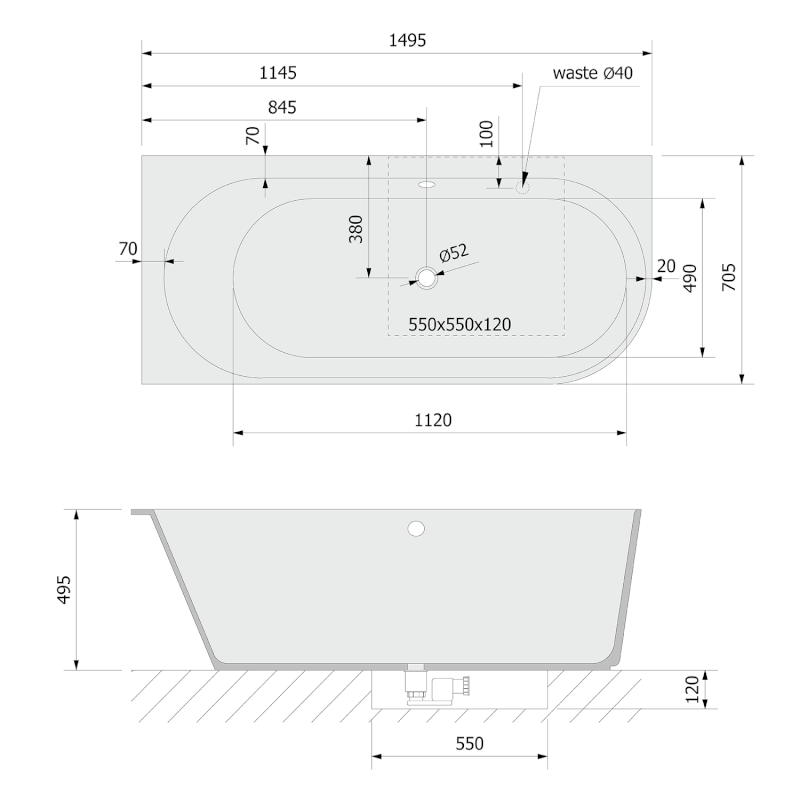 SUSSI L rohová stojící vana, litý mramor 150x70x49,5cm, černá/bílá 93241L