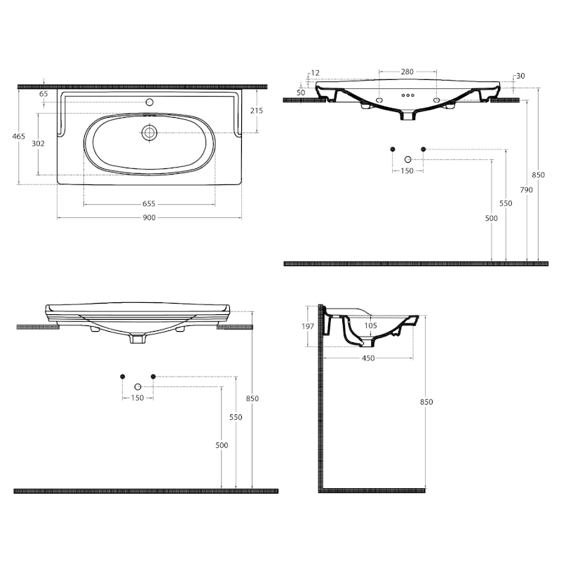 STELLA keramické umyvadlo 90x46,5cm, bílá 10ST50090
