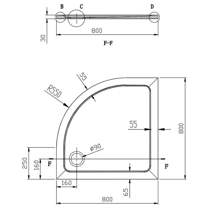 TECMI sprchová vanička z litého mramoru, čtvrtkruh 80x80cm, R550, bílá PQ558