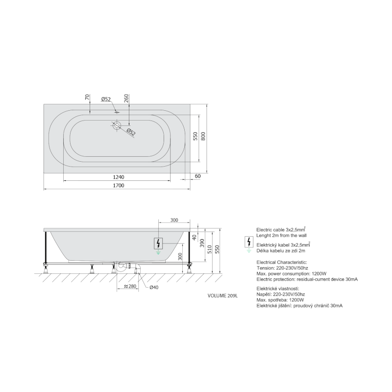 LEVANA hydromasážní vana, 170x80x39cm, Active Hydro-Air, chrom 71745.2010