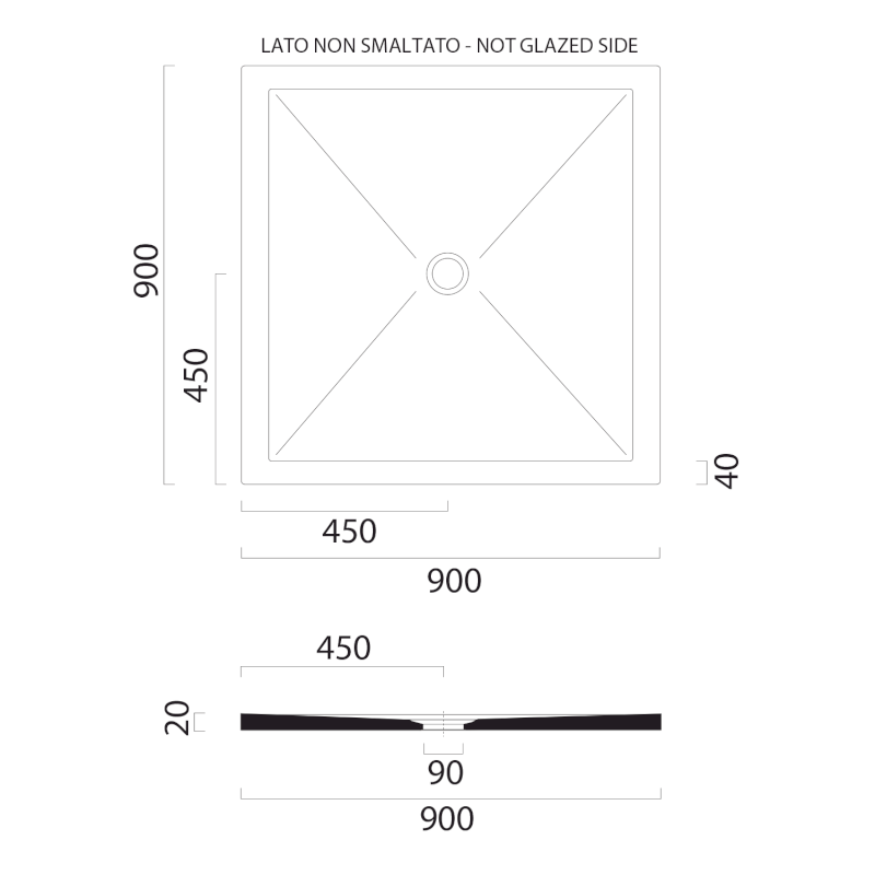 Keramická sprchová vanička, čtverec 90x90x2cm, bílá mat 46090909