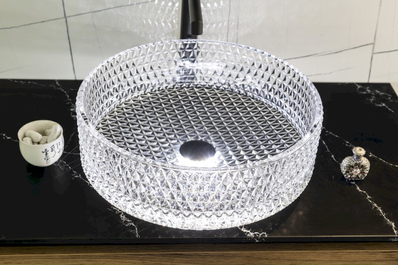 MARAGUA skleněné gravírované umyvadlo na desku Ø 39,5cm, čirá TY214CL