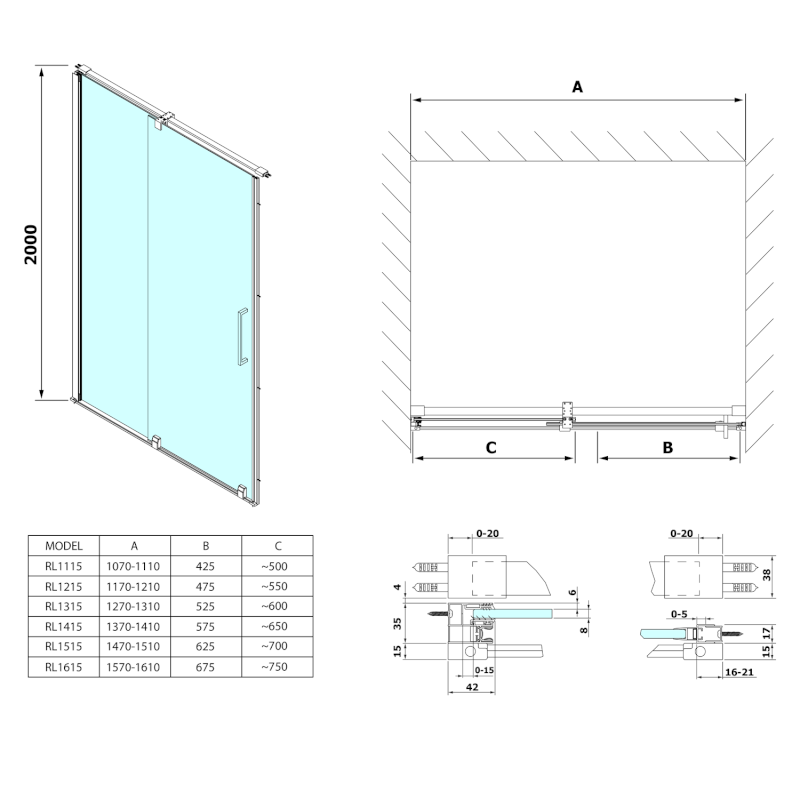 ROLLS sprchové dveře 1100mm, výška 2000mm, čiré sklo RL1115