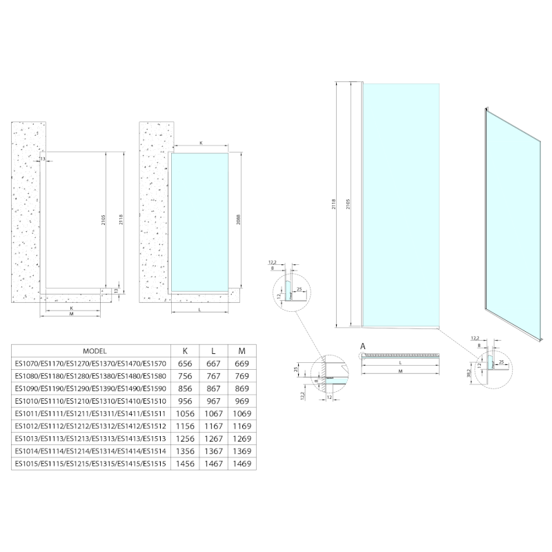 ARCHITEX sada pro uchycení skla podlaha-stěna se spádovou lištou, 1615x2105mm, pravá, leštěný hliník AX2116R