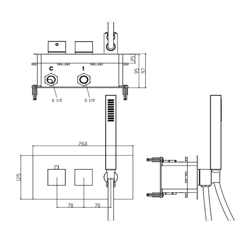 LATUS podomítková sprchová termostatická baterie vč. sprchy, 2/3 výstupy, chrom 1102-45